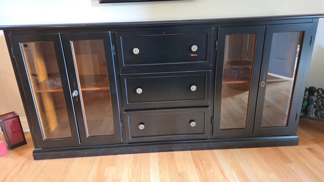 Arhaus Black Sideboard Buffet with Glass Doors and Drawers
