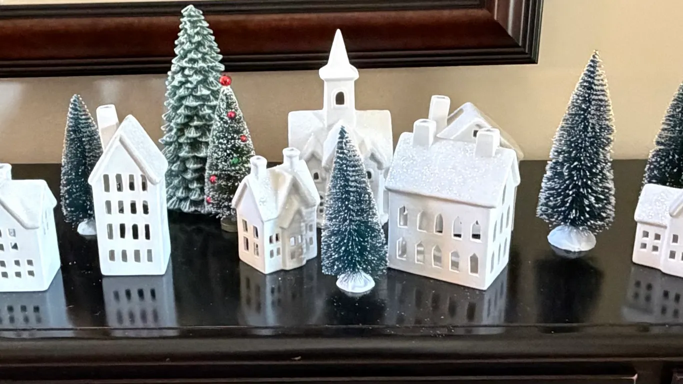 Ceramic Christmas Village, Bottle Brush Trees and Holiday Decor Lot