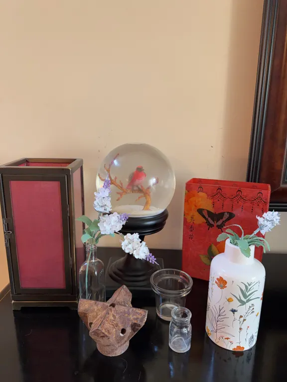 Home Decor Lot: Bird Snow Globe, Vases, and Decorative Boxes