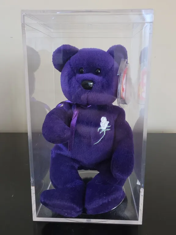 Ty Beanie Baby Purple "Princess" Bear with Rose in Display Case