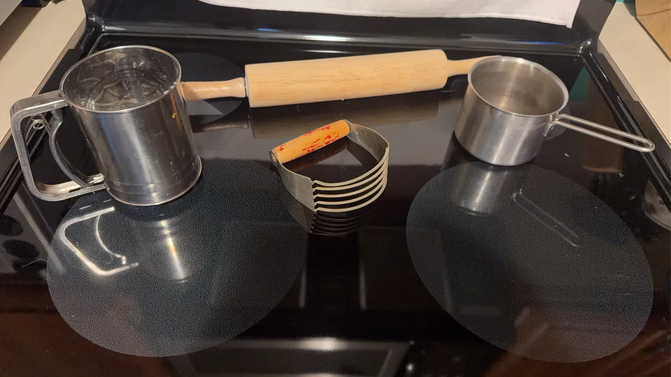 Vintage Baking Tool Lot - Sifter, Rolling Pin, Pastry Blender, Measuring Cup