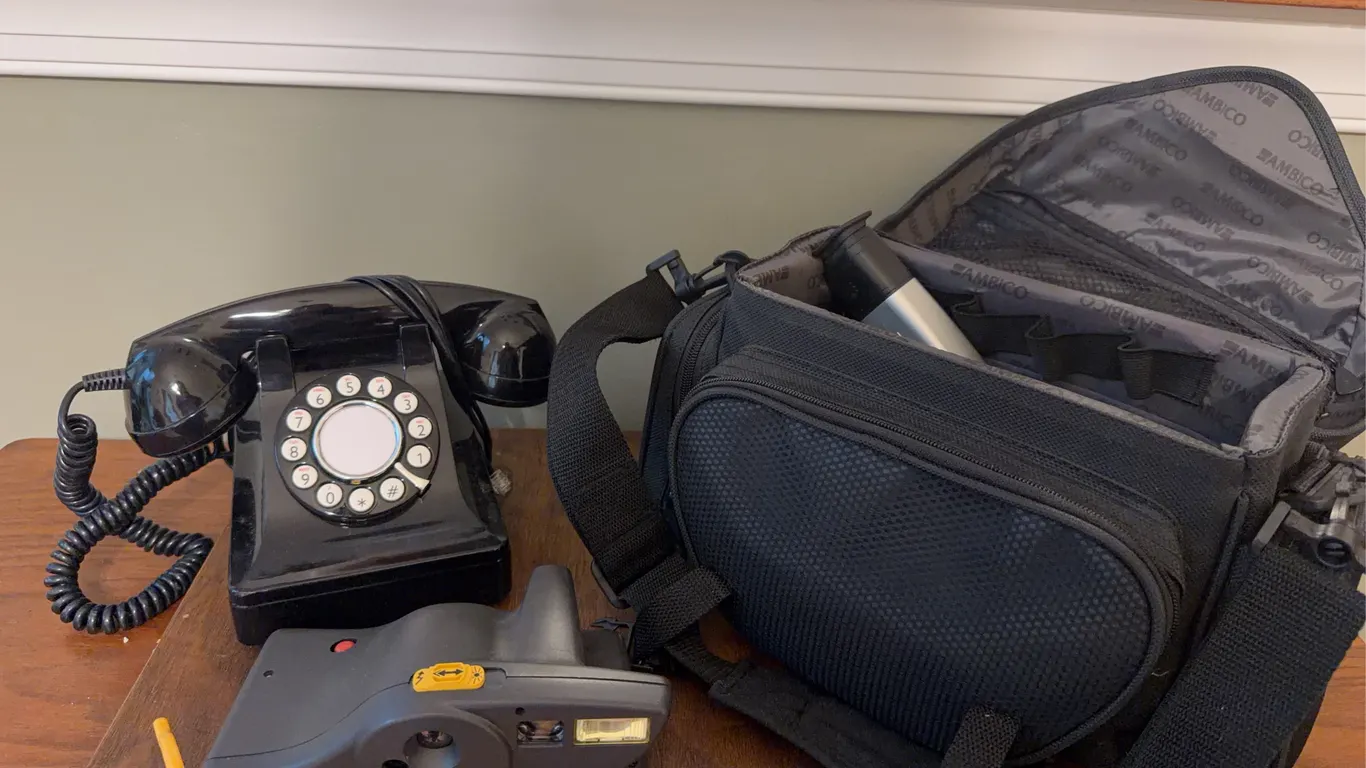 Pottery Barn Rotary-Style Phone, Polaroid JoyCam, and Sony Digital8 Camcorder Lot