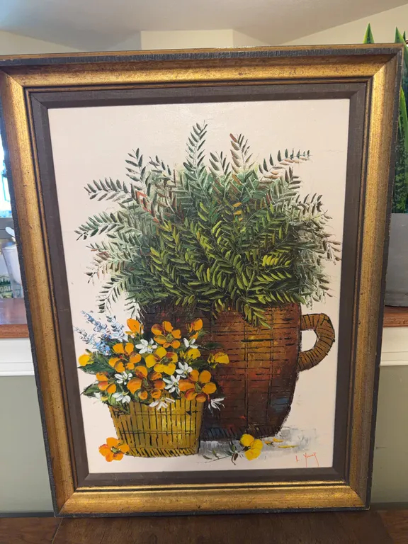 Signed Floral Basket Still Life Oil Painting, Framed