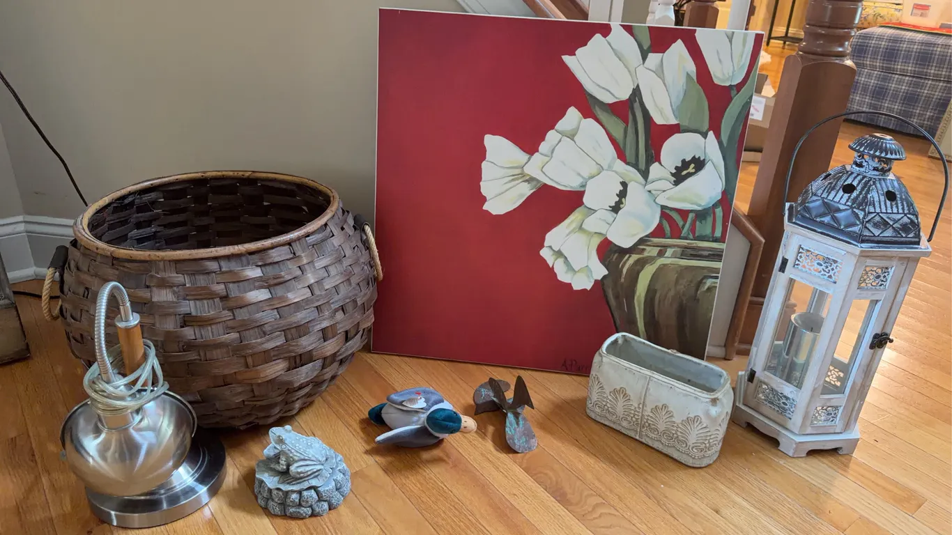 Home Decor Lot: Tulip Canvas Print, Woven Basket, Lantern, Lamp Base