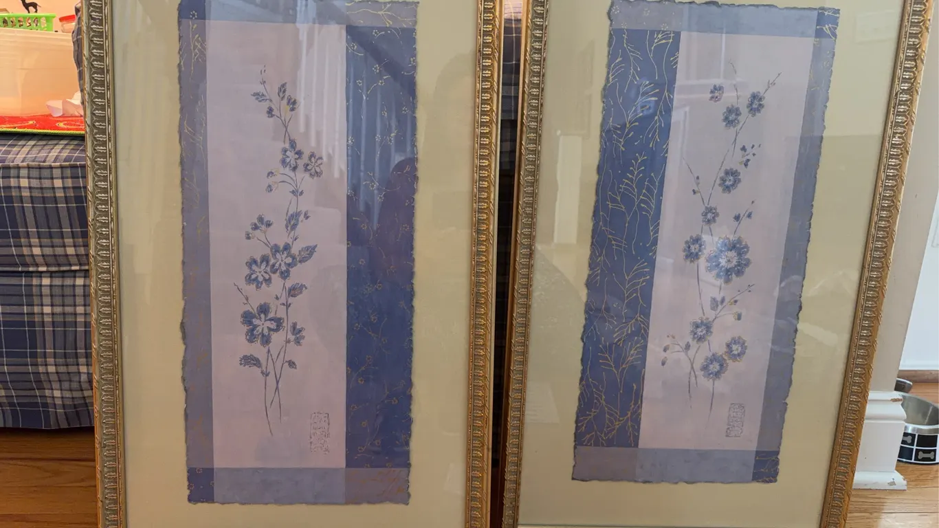 Pair of Framed Asian-Style Floral Art Prints, Gilt Frames