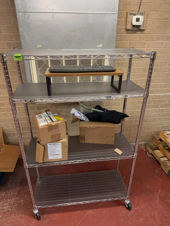 Metal shelf with contents