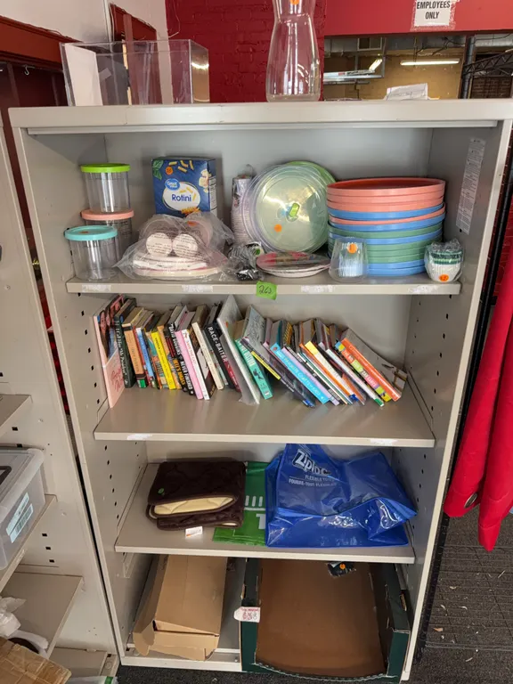 Metal shelving with contents