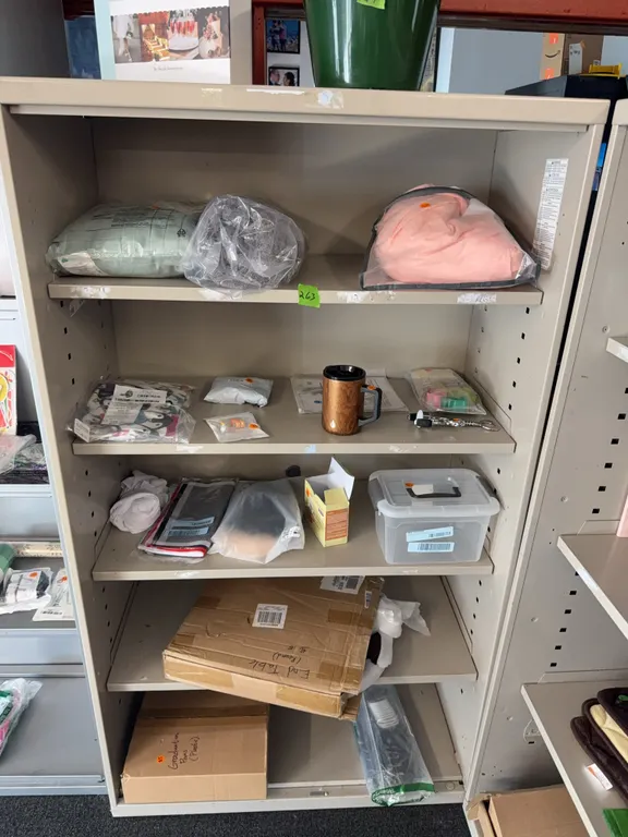 Metal shelving with contents