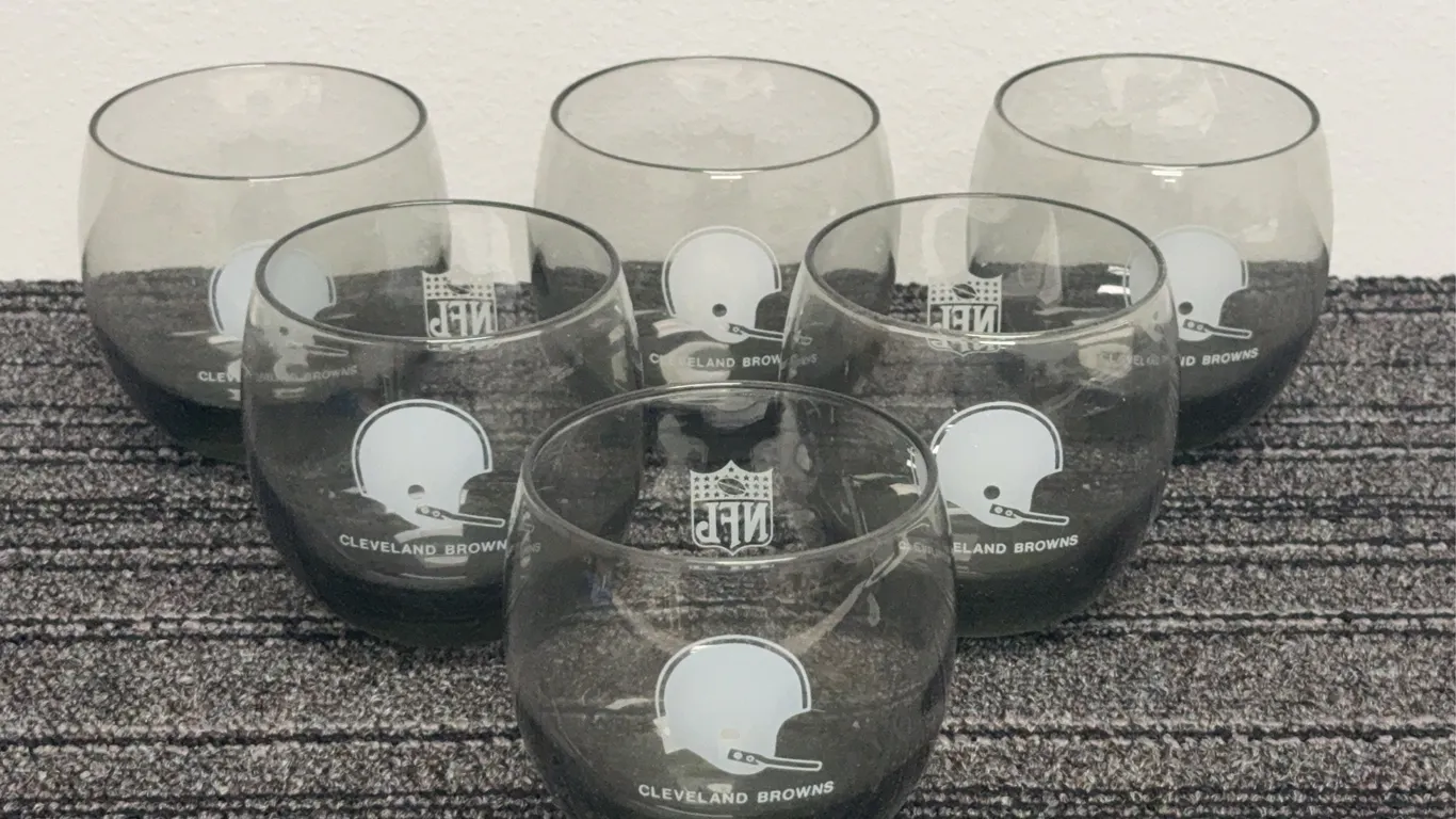 Collection of 6 Vintage Cleveland Browns NFL Stemless Wine Glasses Smoky Gray w/ Helmet & NFL Logo