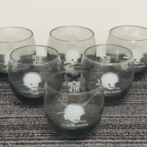 Collection of 6 Vintage Cleveland Browns NFL Stemless Wine Glasses Smoky Gray w/ Helmet & NFL Logo