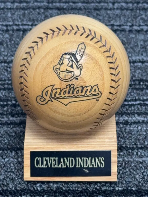 Vintage Cleveland Indians Laser Engraved Wood Baseball w/ Stand