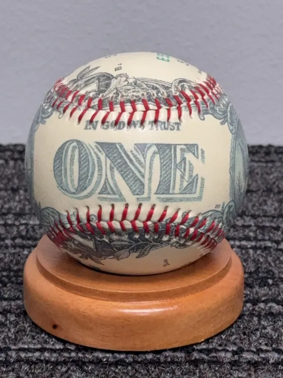One Dollar Bill Unforgettaball Baseball Ball Souvenir w/ Wood Base