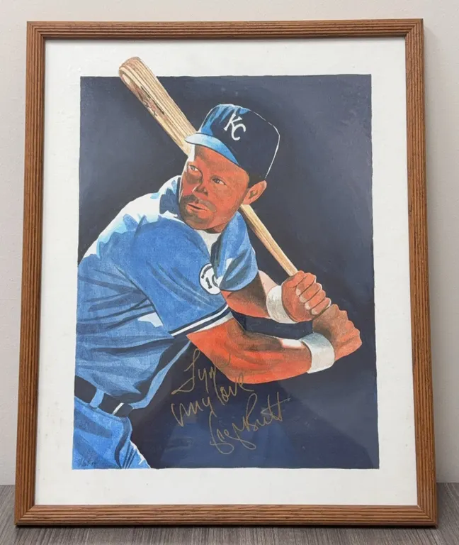 Autographed & Hand Painted George Brett Wood Framed Canvas