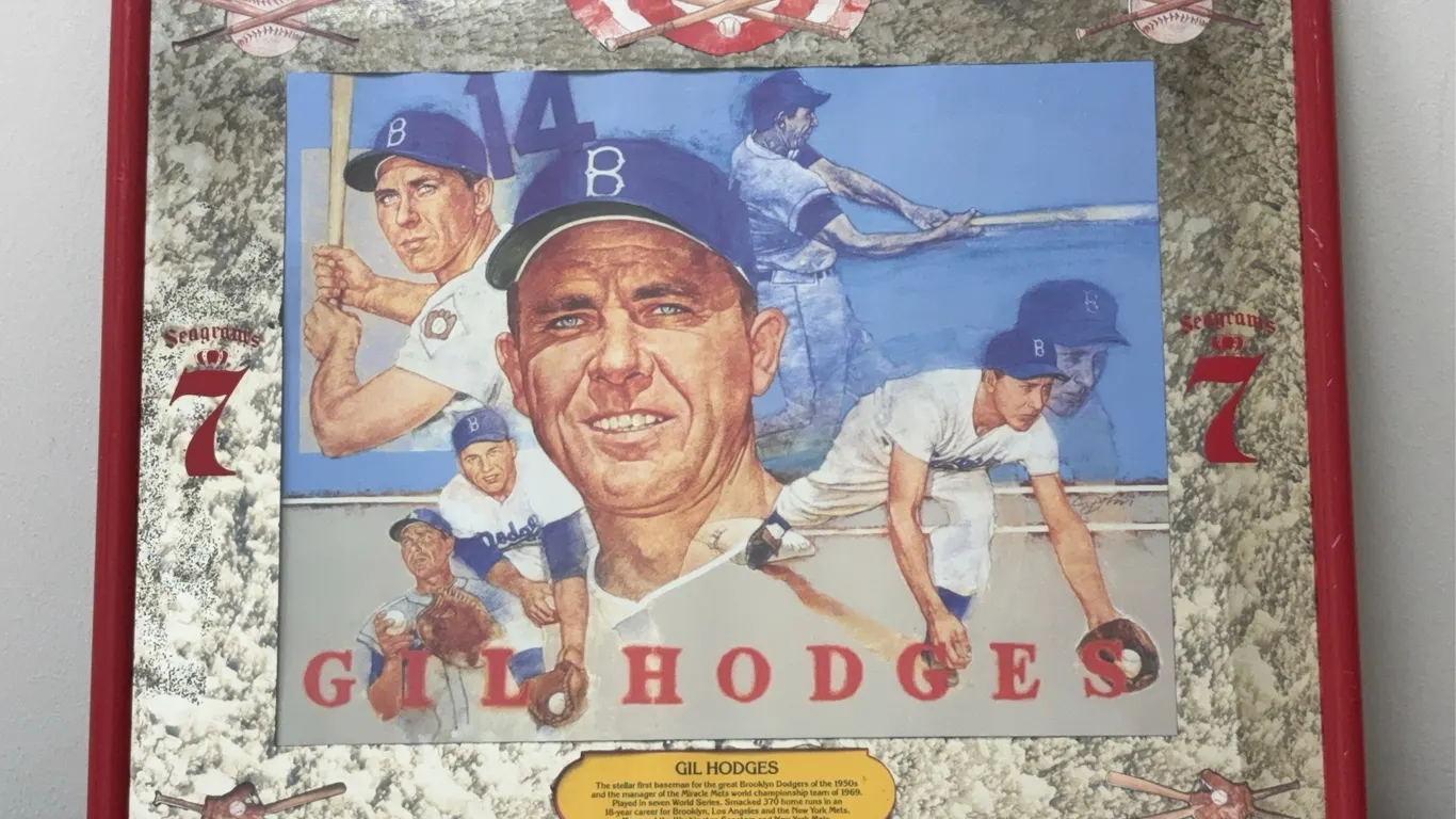 Vintage Gil Hodges Framed Photo Featuring Very Rare Seagram's 7 Bar Sign