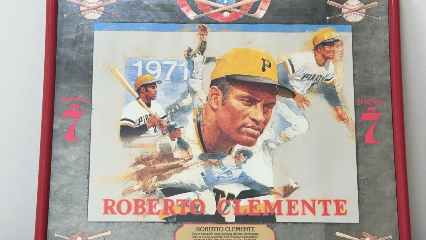 Vintage Roberto Clemente Framed Photo Featuring Very Rare Seagram's 7 Bar Sign