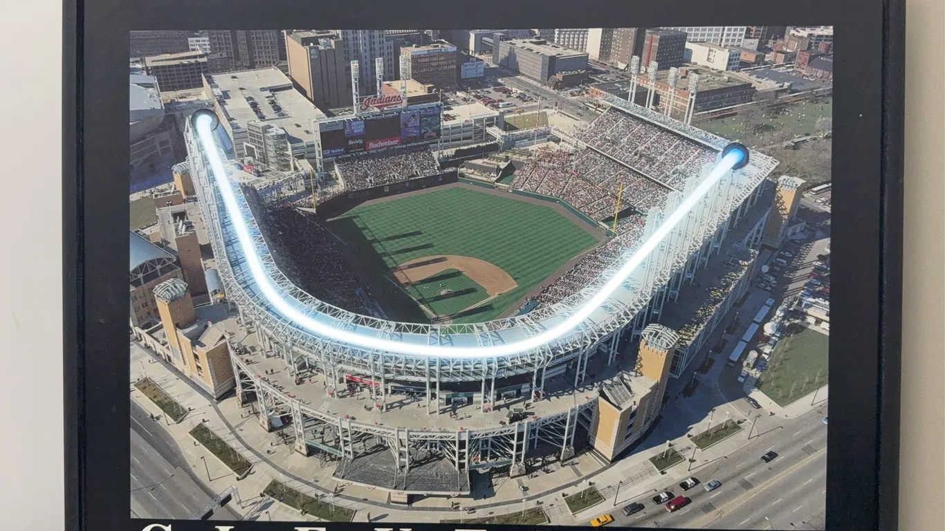 Vintage 1994 Jacobs Field Neon "Opening Day" Framed Aerial Framed Photo