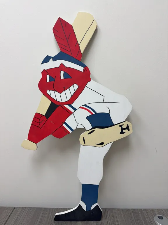 Vintage Chief Wahoo Hand Cut & Painted Wood Wall Hanging Art