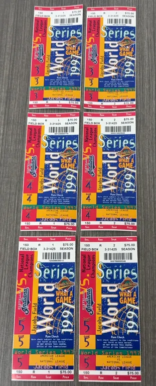 6 Vintage 1997 Cleveland Indians World Series Ticket Stubs