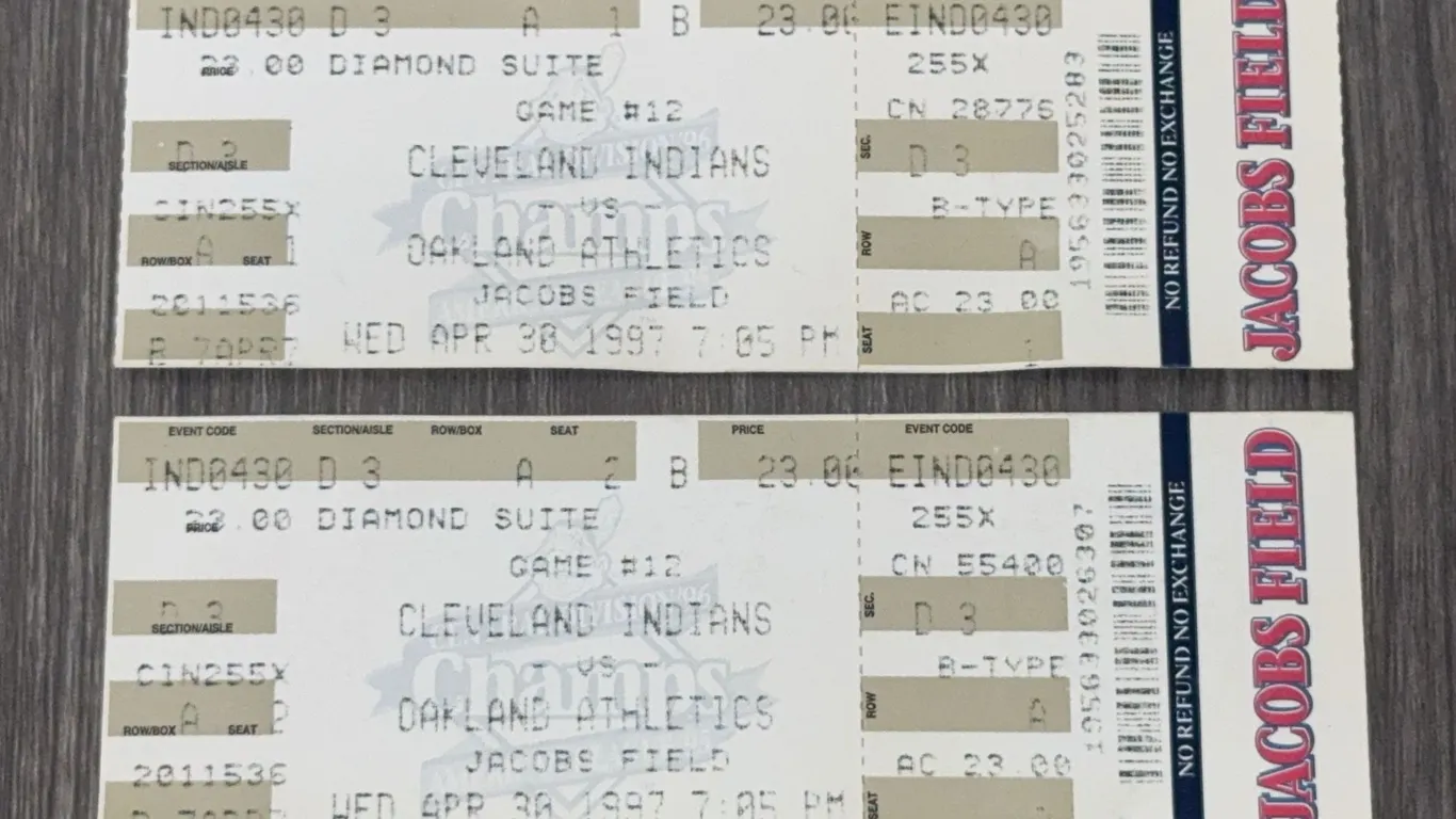 2 Vintage 1997 Cleveland Indians vs, Oakland Athletics Ticket Stubs