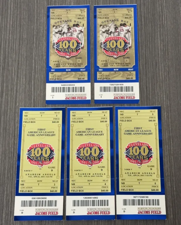 5 Vintage 2001 Cleveland Indians Ticket Stubs
