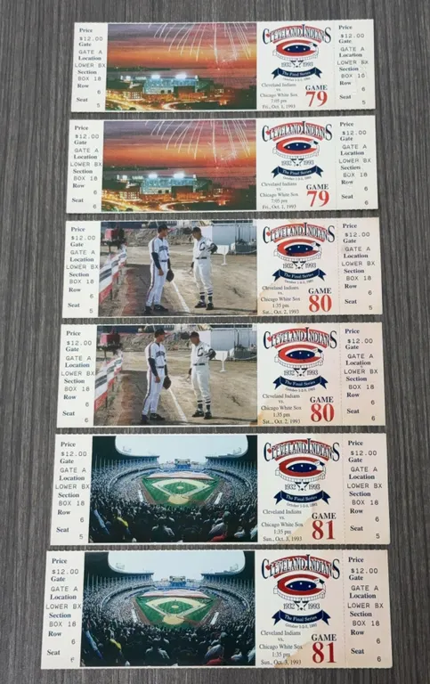 6 Vintage 1993 Cleveland Indians Final Series at Municipal Stadium Ticket Stubs