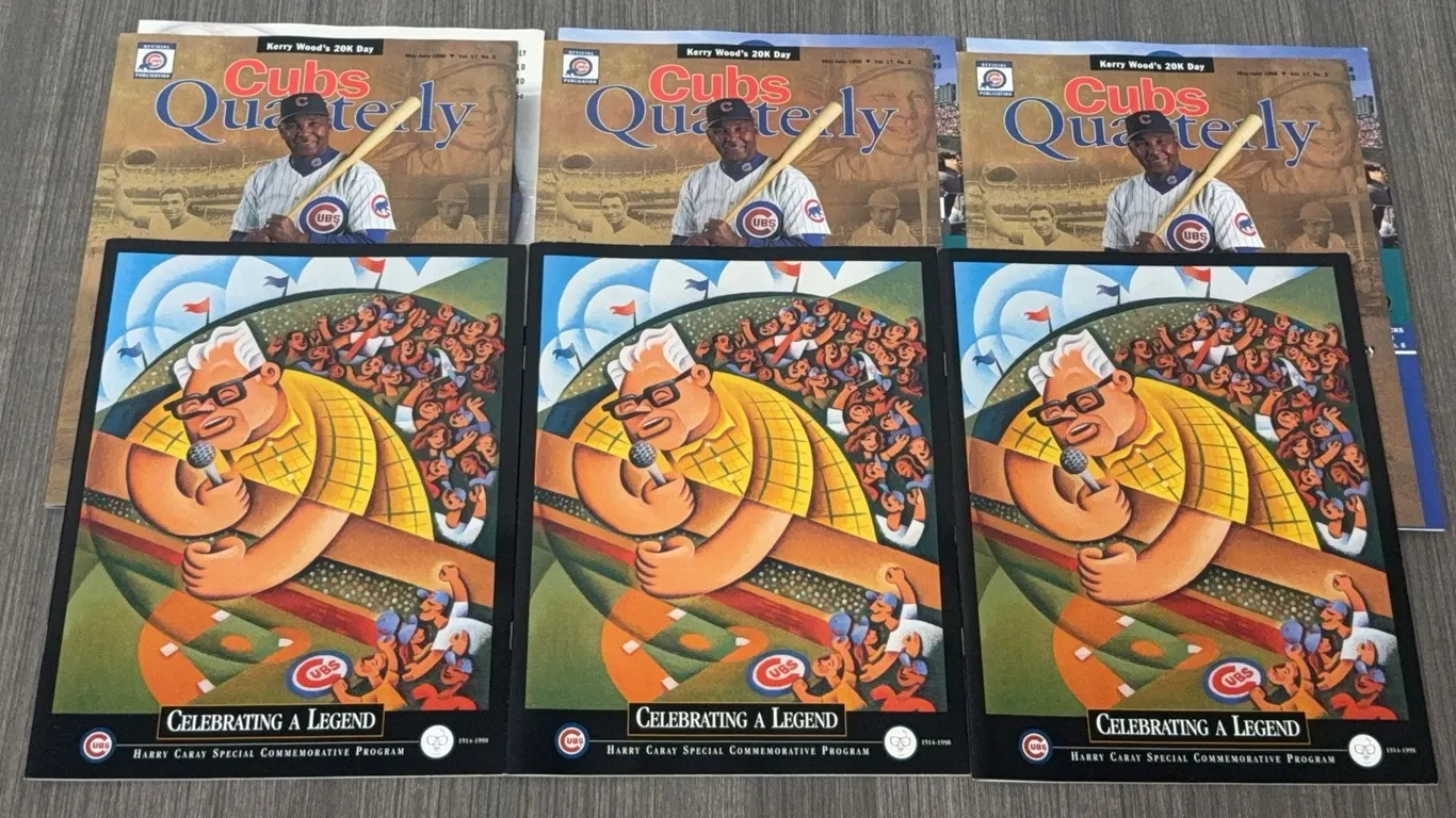 6 Vintage Chicago Cubs Quarterly Magazines & Harry Caray Commemorative Programs