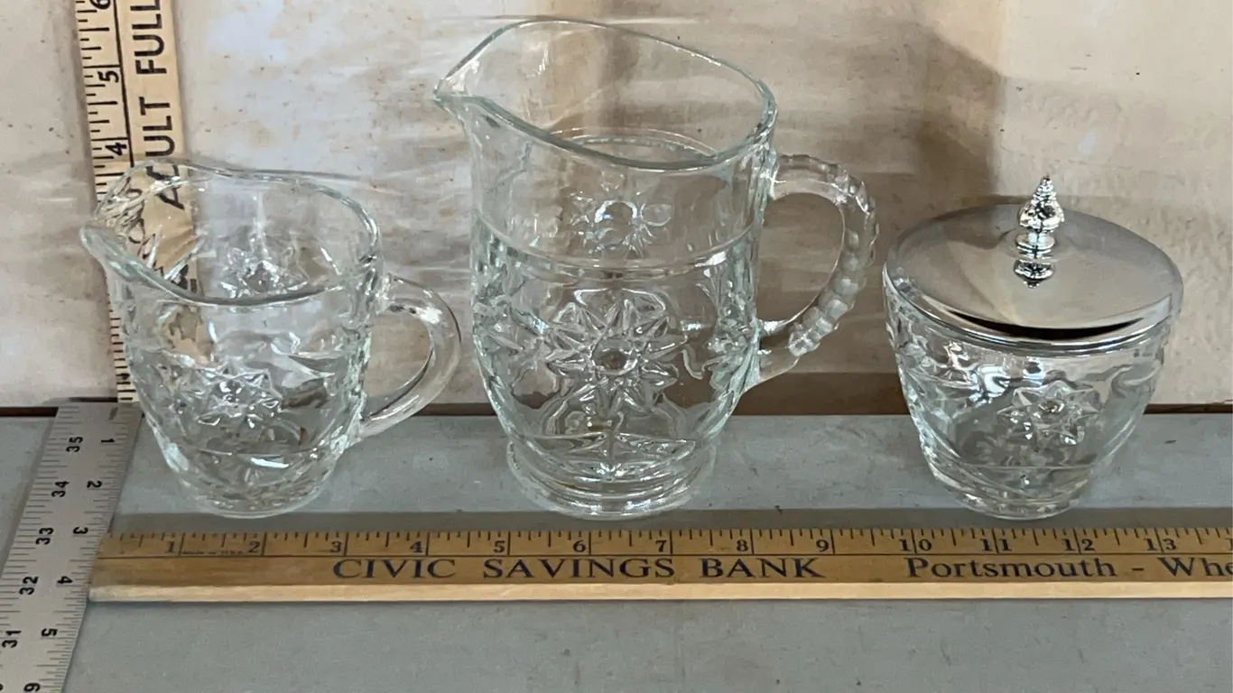 Vintage Anchor Hocking EAPG Star Of David Sugar, Creamer, & Small Pitcher