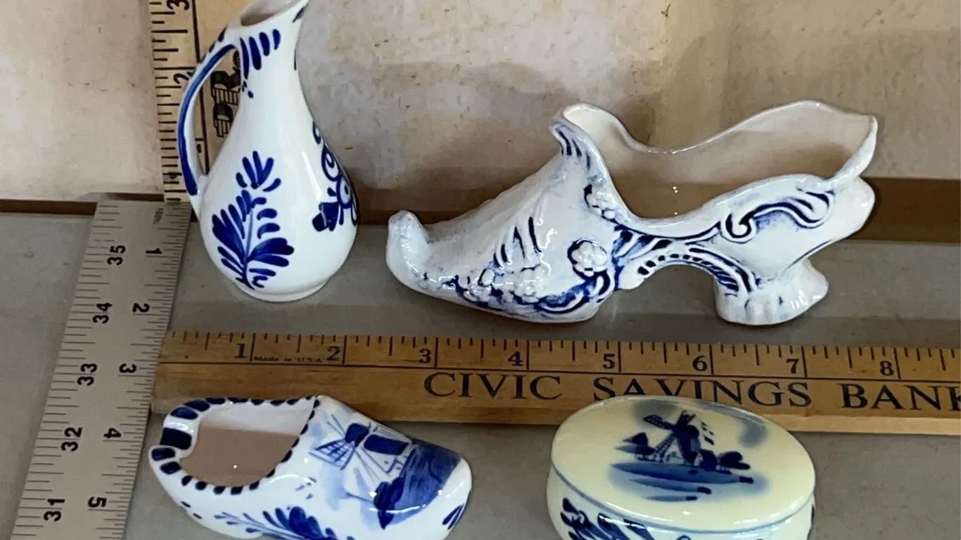 Blue & White Ceramic Shoe, Shoe Ashtray, Miniature Vase, & Trinket Box