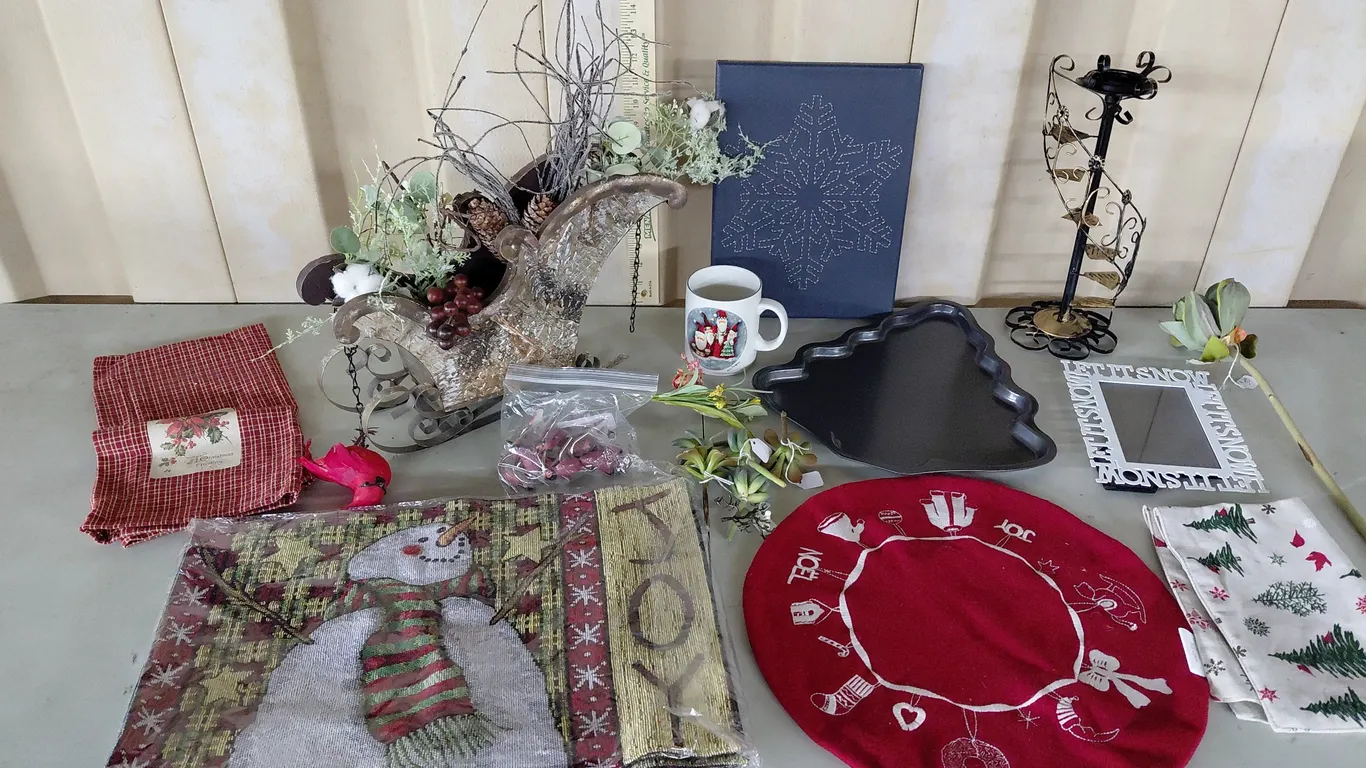 Christmas Sled, Tree Cookie Sheet, Greenery, Etc.