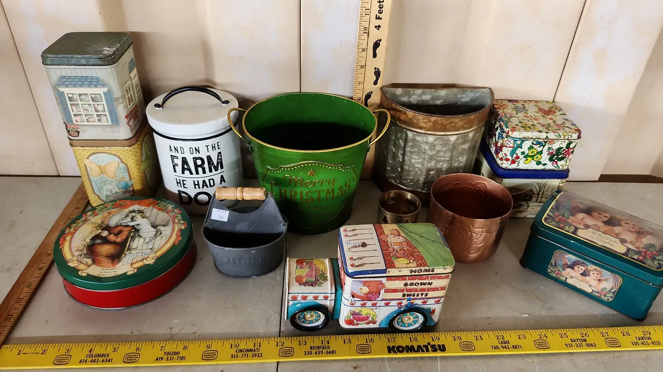 Assorted Tins, Treat Canister, Christmas Bucket, Etc.