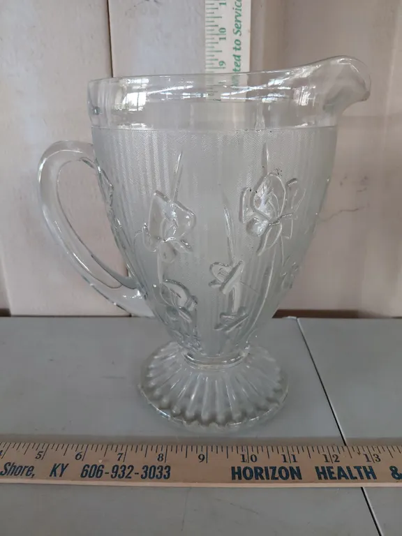 Vintage Jeannette Glass Iris & Herringbone Clear Glass Pitcher 9" Tall