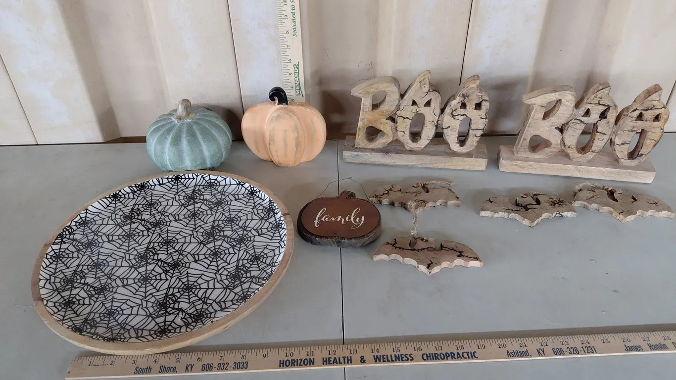 Wood Spider Web Platter, Wood Boo Signs, 2 Pumpkins, & Bat Ornaments