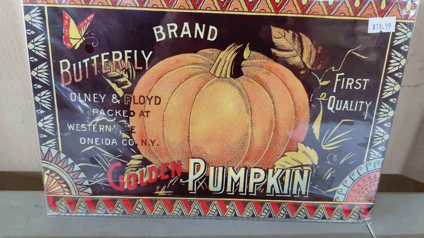 New Butterfly Brand Golden Pumpkin Metal Sign Folk Art 12"X8"