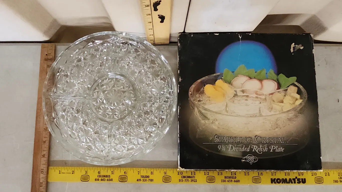 Vintage Sparkling Crystal 9.75" Divided Relish Plate In Box