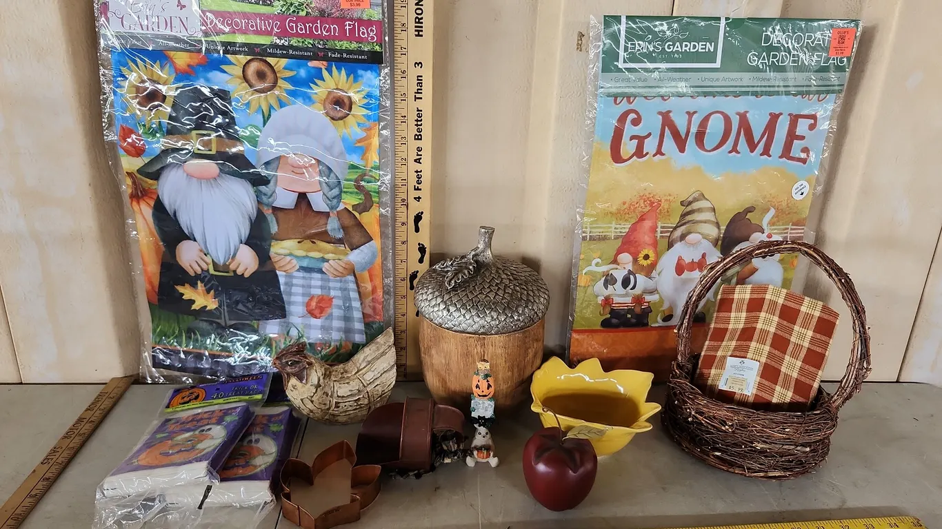 Resin Acorn Cookie Jar (Repaired), New Gnome Garden Flags, Vine Basket, Etc.