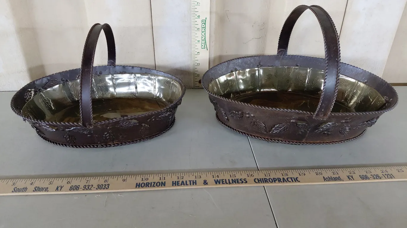 2 Matching Metal Leaf Baskets, Biggest 13.5"X10"X3.5"