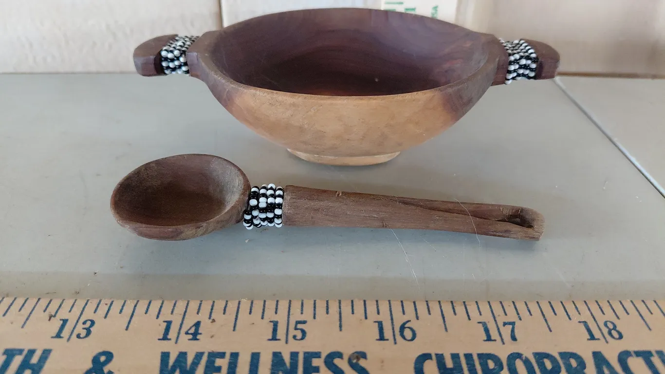 Vintage African Style Wood Carved Bowl & Spoon