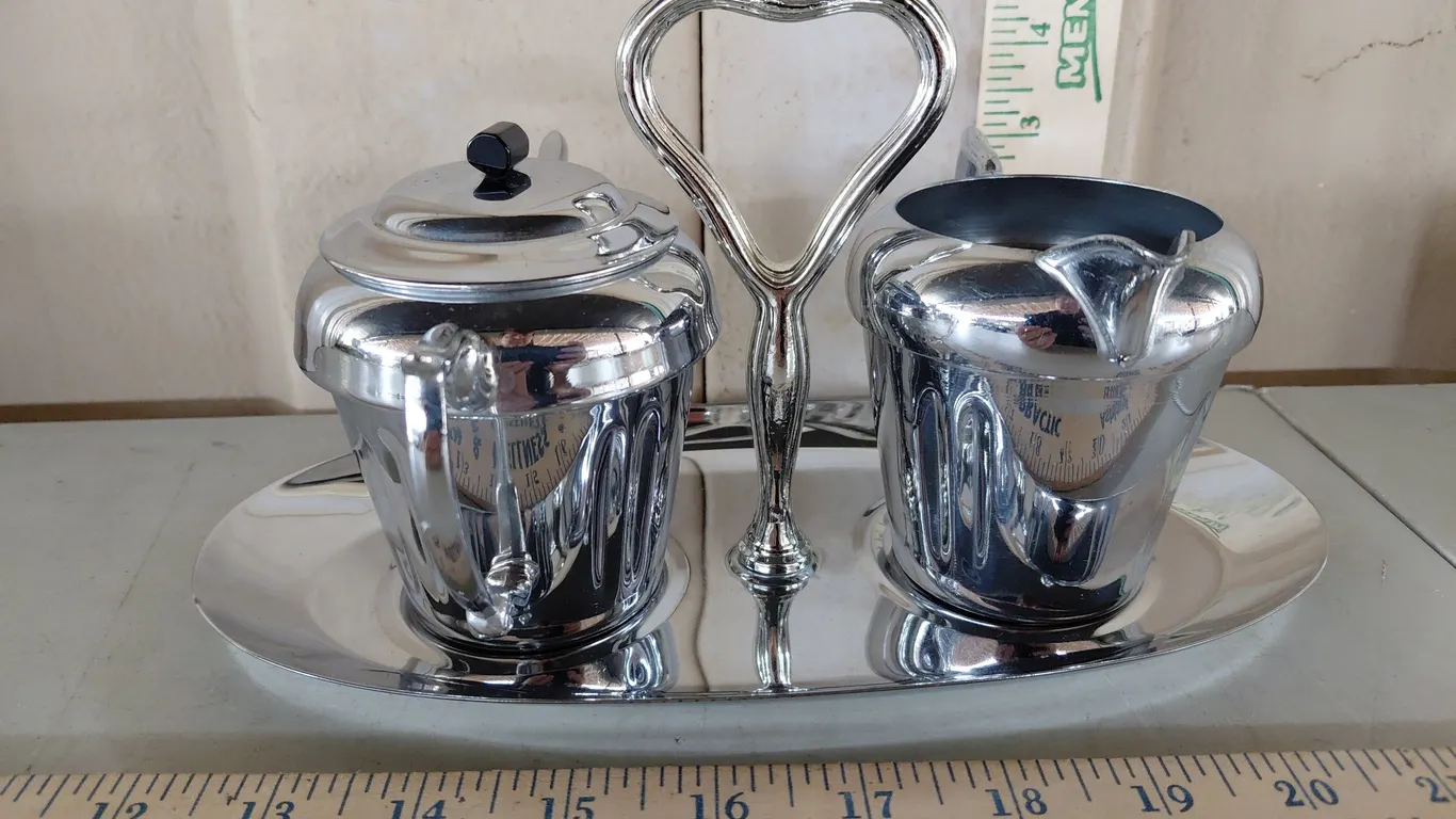 Vintage Chromium Metal Sugar & Creamer Set W/Tray Marked Shefton Ware
