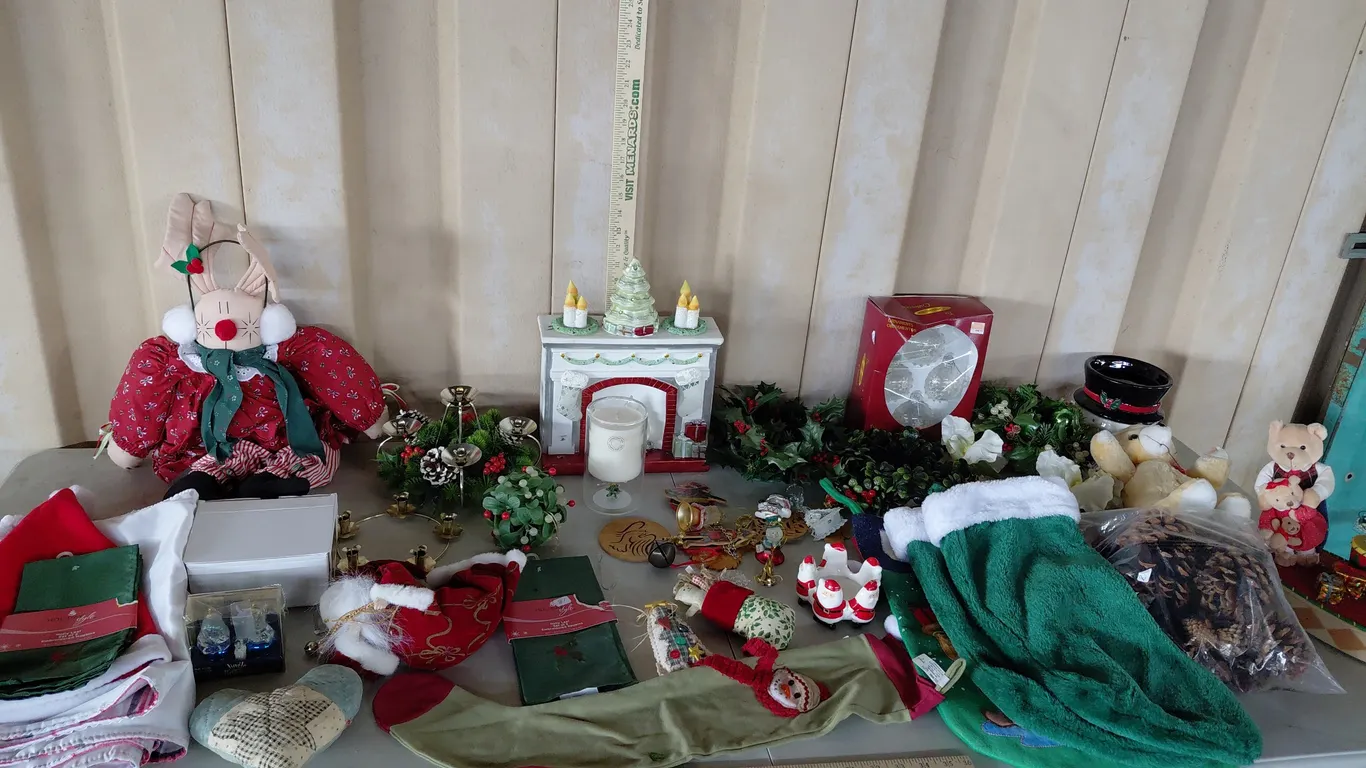 Assorted Christmas Decor, New Candle, Greenery, Ornaments, Etc.