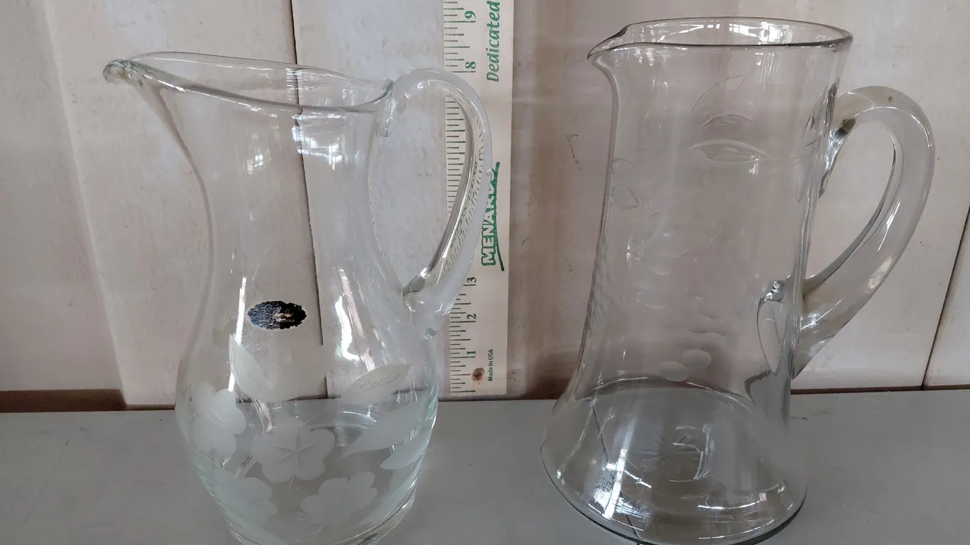 2 Vintage Etched Glass Pitchers-Hand Blown & Pressed Glass