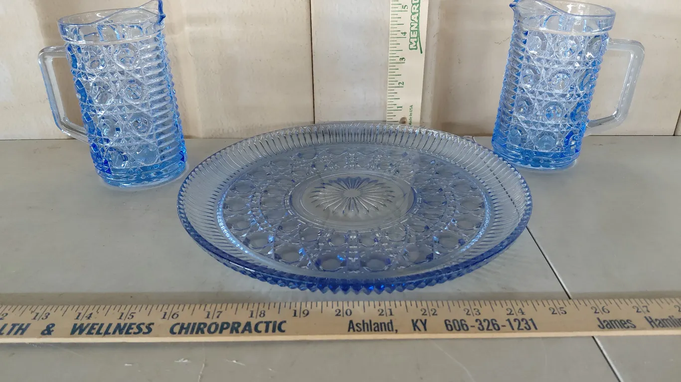 Vintage Button & Cane Pressed Glass Pitchers & Platter, Believe To Be Federal Glass