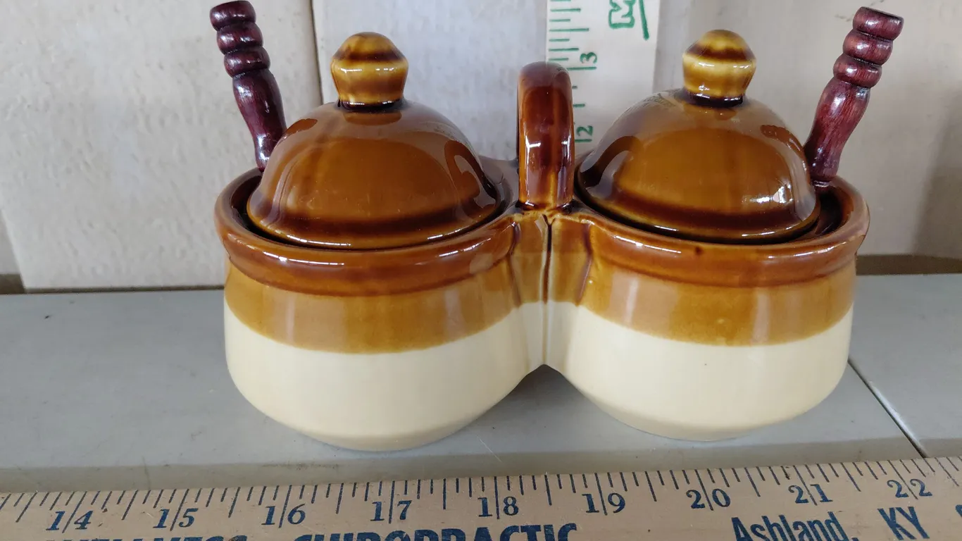 Vintage Stoneware Double Condiment Server, Small Chips Inside Lip