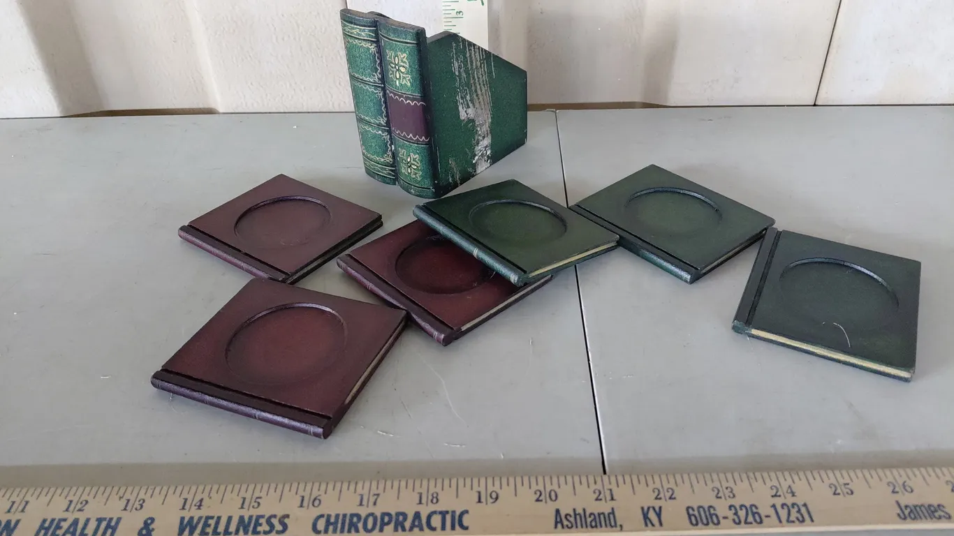 Vintage Wood Book Coaster Set