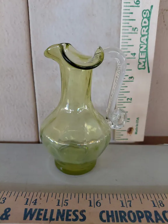 Small Hand Blown Green Glass Pitcher 4.75" Tall