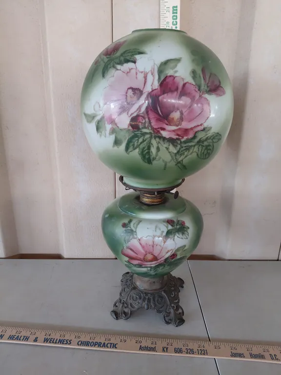 Vintage Oil Parlor Lamp Hand Painted Globe, No Hurricane 18.5" Tall