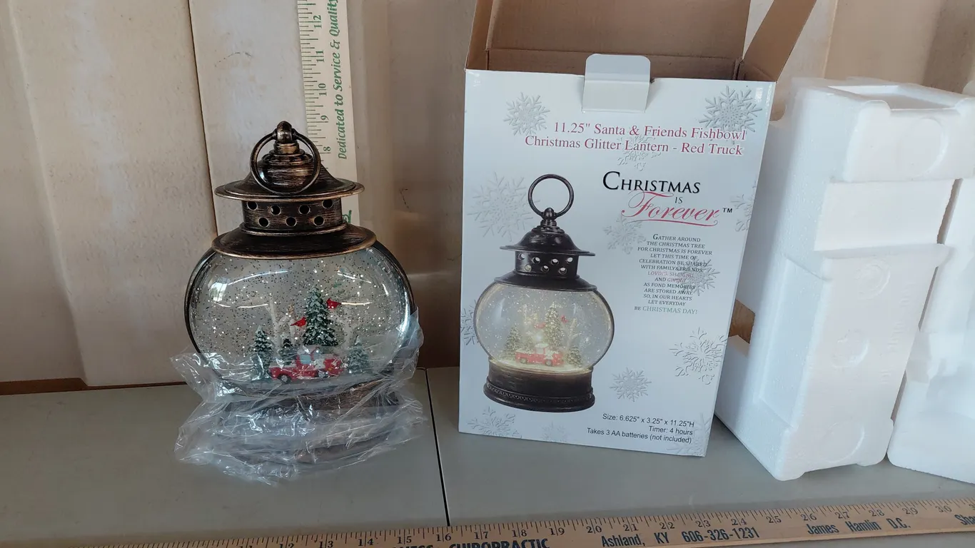 Christmas Is Forever Santa & Friends Fishbowl Christmas Glitter Lantern Red Truck