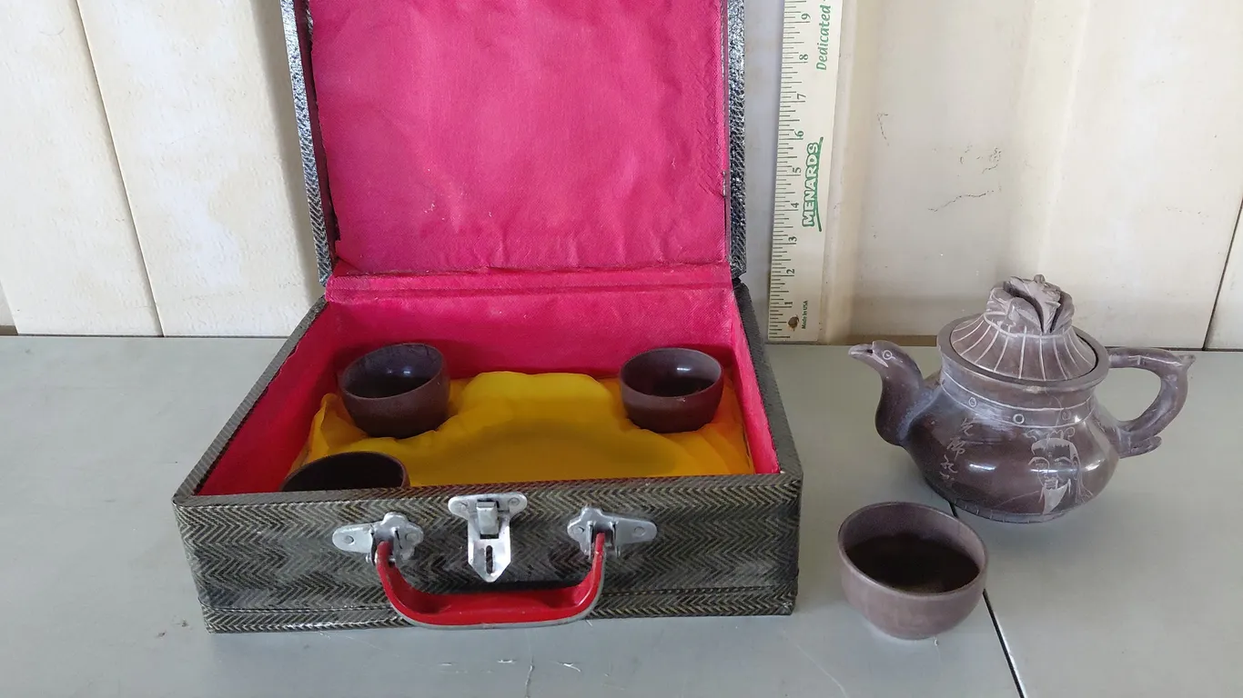 Vintage Handmade Yixing Zisha Carved Stone Tea Set W/Case