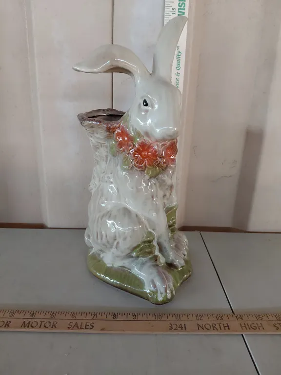 Folk Art Ceramic Bunny Rabbit Planter/Vase 14.25" Tall