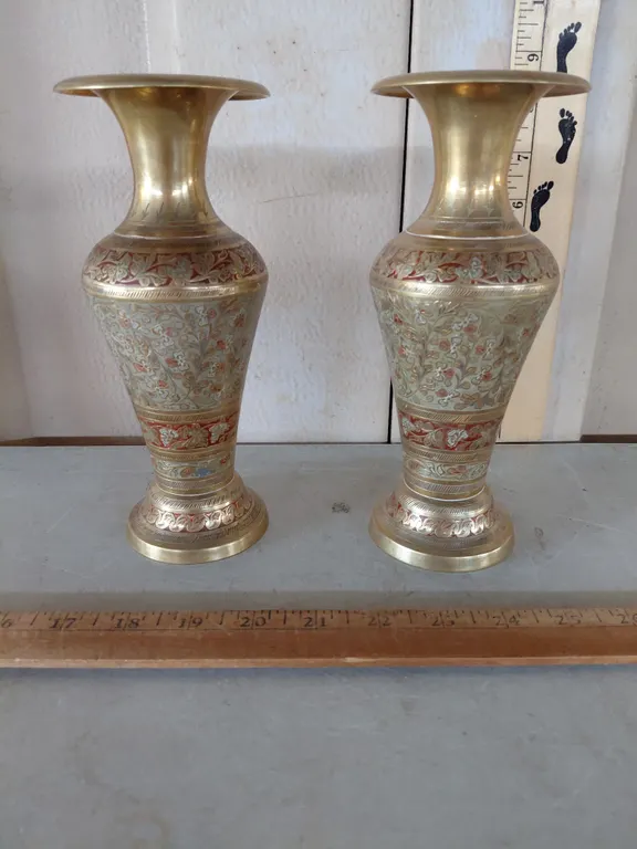 2 Vintage Brass Hand Painted Vases 8" Tall