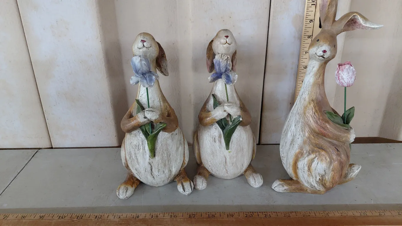 3 Resin Bunny Rabbit Tallest 12", Two Are Chipped